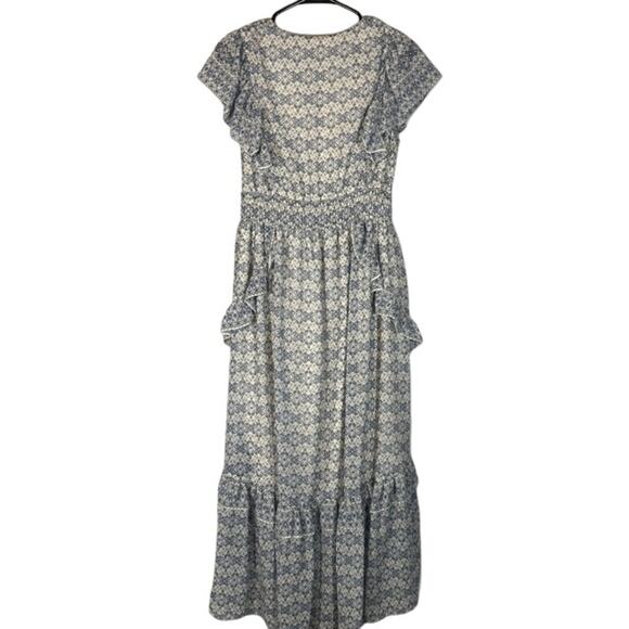 Max Studio Blue & White Floral Tiered Flutter Short Sleeve Dress Women Sz S